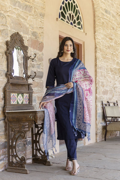 Women Navy Blue Kurta Set With Pants & printed Dupatta