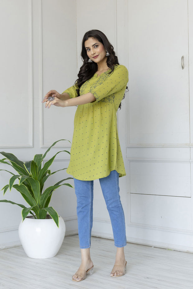 Women Green printed 3/4th sleeve cotton tunic