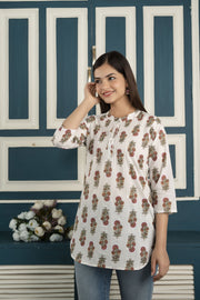White printed 3/4th sleeve cotton tunic