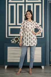 White printed 3/4th sleeve cotton tunic