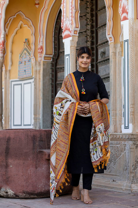 Women Black Kurta Set with Pants & Bhagalpuri Multi Colored Dupatta