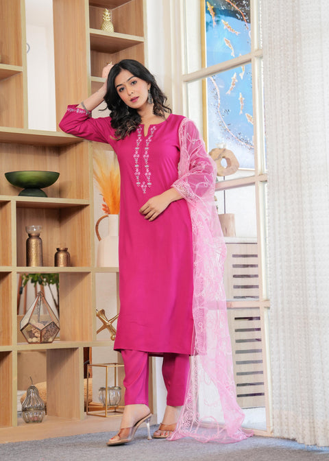 Pink Embroidered Straight Kurta With Palazzo And Dupatta For Women
