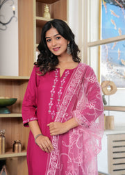 Pink Embroidered Straight Kurta With Palazzo And Dupatta For Women