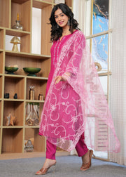 Pink Embroidered Straight Kurta With Palazzo And Dupatta For Women