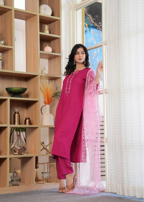 Pink Embroidered Straight Kurta With Palazzo And Dupatta For Women