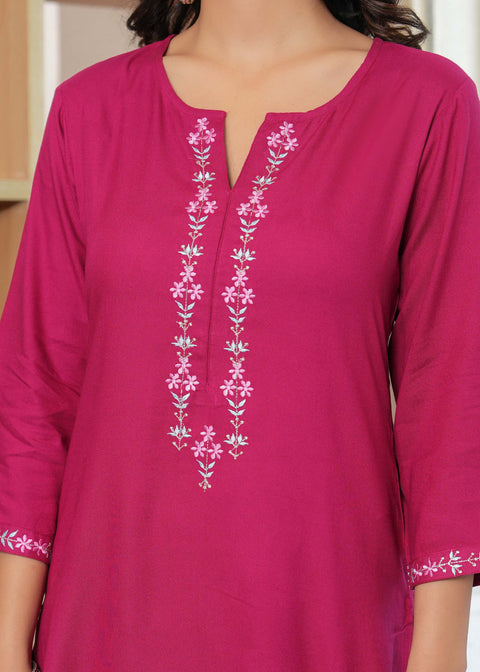 Pink Embroidered Straight Kurta With Palazzo And Dupatta For Women