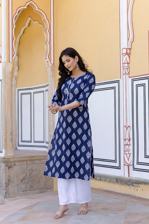 Women Navy Blue Ethnic Printed Straight Kurta with Lace Details