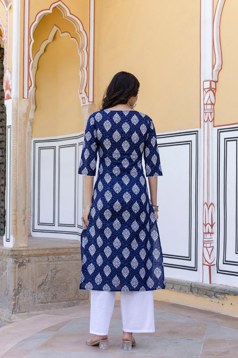 Women Navy Blue Ethnic Printed Straight Kurta with Lace Details