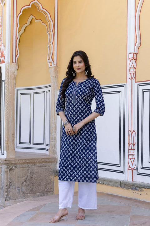 Women Navy Blue & White Ethnic Motifs Printed Thread Work Cotton Kurta