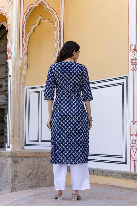 Women Navy Blue & White Ethnic Motifs Printed Thread Work Cotton Kurta