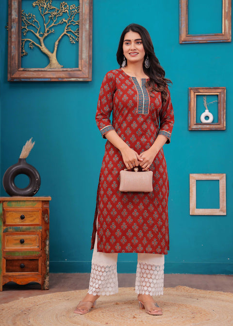 Women Maroon Printed Straight Kurta with Three Quarter Sleeves