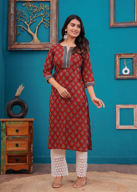 Women Maroon Printed Straight Kurta with Three Quarter Sleeves