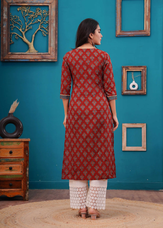 Women Maroon Printed Straight Kurta with Three Quarter Sleeves