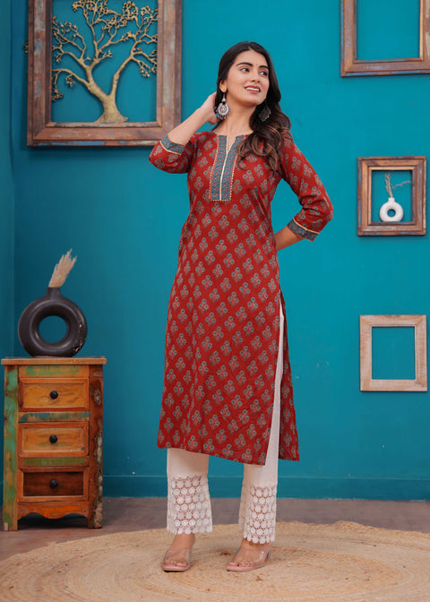 Women Maroon Printed Straight Kurta with Three Quarter Sleeves