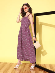 Wome Purple Printed Flared Sleeveless Dress