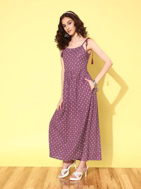 Wome Purple Printed Flared Sleeveless Dress