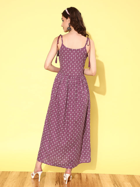 Wome Purple Printed Flared Sleeveless Dress