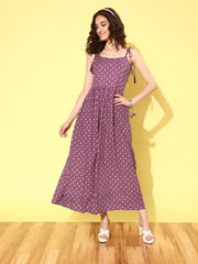Wome Purple Printed Flared Sleeveless Dress