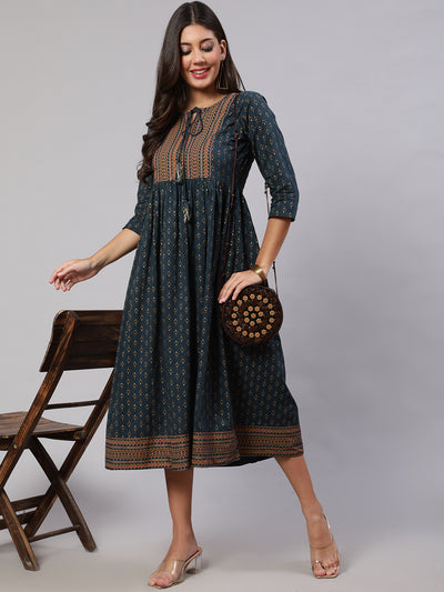 Wome Teal Blue Ethinc Printed Flared Dress With Three Quarter sleeves