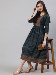 Wome Teal Blue Ethinc Printed Flared Dress With Three Quarter sleeves