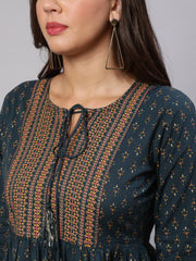 Wome Teal Blue Ethinc Printed Flared Dress With Three Quarter sleeves