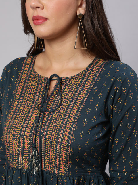 Wome Teal Blue Ethinc Printed Flared Dress With Three Quarter sleeves