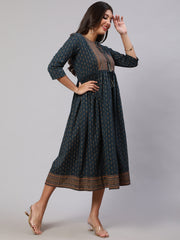 Wome Teal Blue Ethinc Printed Flared Dress With Three Quarter sleeves