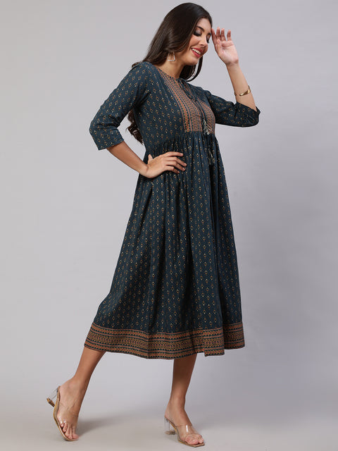 Wome Teal Blue Ethinc Printed Flared Dress With Three Quarter sleeves