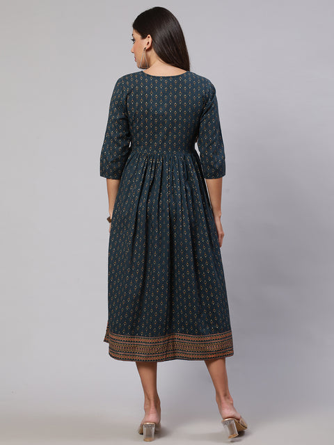 Wome Teal Blue Ethinc Printed Flared Dress With Three Quarter sleeves