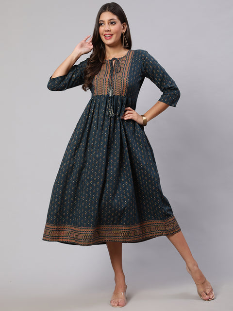 Wome Teal Blue Ethinc Printed Flared Dress With Three Quarter sleeves