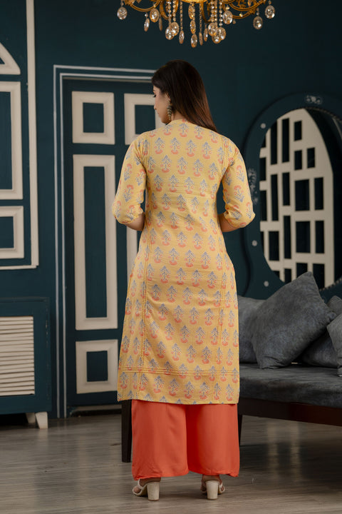 Women Yellow Straight Kurta With Three Quarter Sleeves