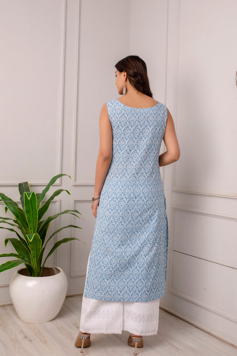 Women Blue Ethnic Straight Sleeveless Kurta
