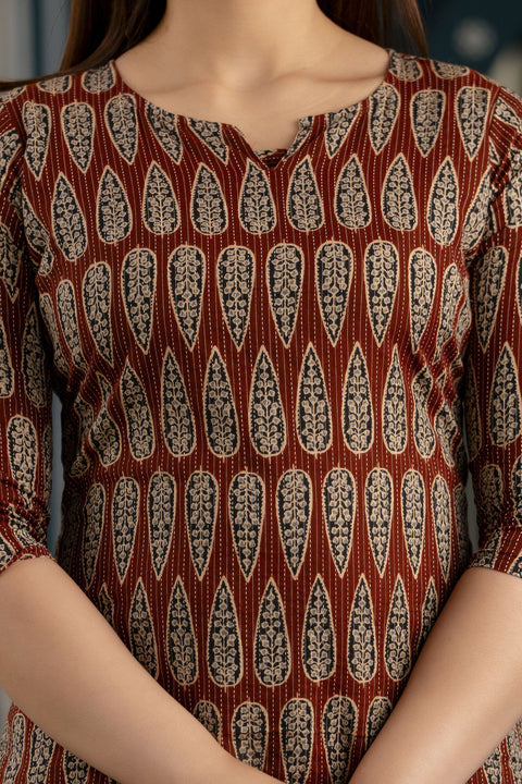 Women Maroon Printed Straight Kurta With Three Quarter Sleeves