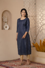 Women Navy Blue Striped Lurex Straight Kurta with Three Quarter Sleeves