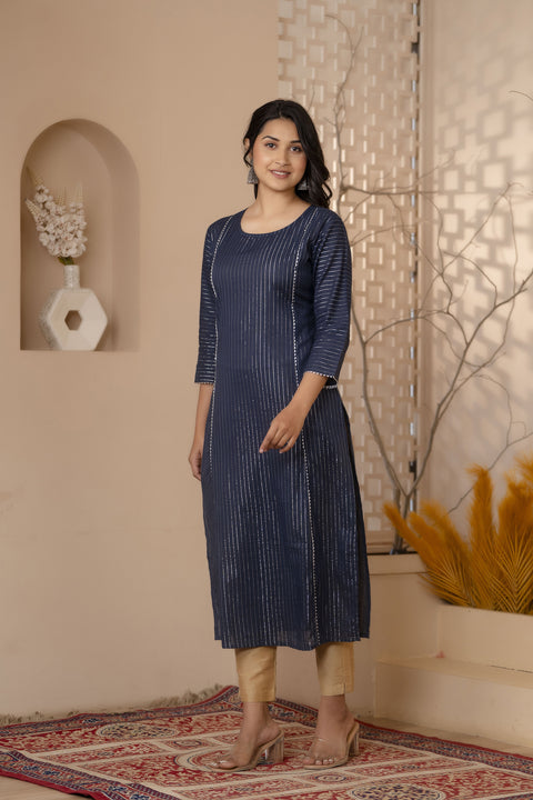Women Navy Blue Striped Lurex Straight Kurta with Three Quarter Sleeves