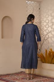 Women Navy Blue Striped Lurex Straight Kurta with Three Quarter Sleeves