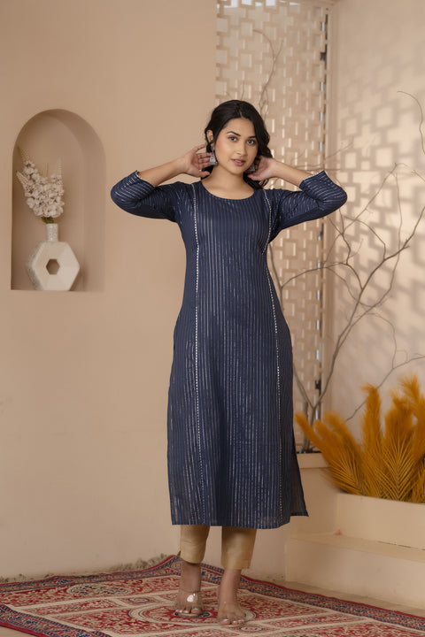 Women Navy Blue Striped Lurex Straight Kurta with Three Quarter Sleeves
