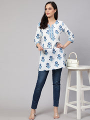 Women Off White Printed Straight Tunic With Three Quarter Sleeves