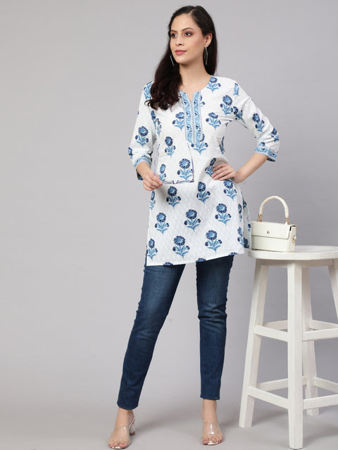 Women Off White Printed Straight Tunic With Three Quarter Sleeves