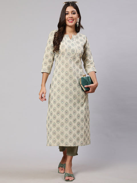 Women Cream Printed Straight Kurta With Three Quarter Sleeves