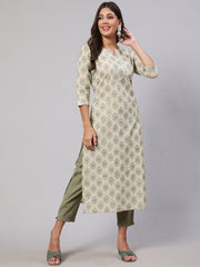 Women Cream Printed Straight Kurta With Three Quarter Sleeves