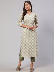 Women Cream Printed Straight Kurta With Three Quarter Sleeves