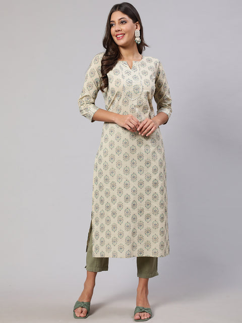 Women Cream Printed Straight Kurta With Three Quarter Sleeves