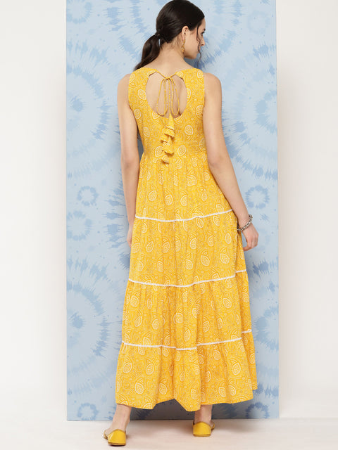 Wome Yellow Bandhini Printed Flared Sleeveless Tiered Dress