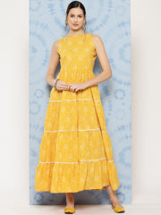 Wome Yellow Bandhini Printed Flared Sleeveless Tiered Dress
