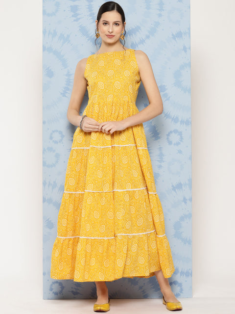 Wome Yellow Bandhini Printed Flared Sleeveless Tiered Dress