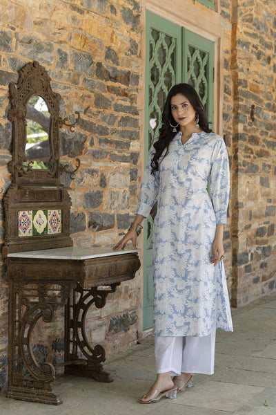 Women Blue Printed Straight Kurta with Three Quarter Sleeves