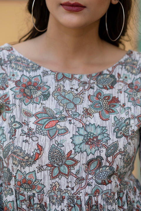 Women Off-White Ethnic Printed Flared Dress With Three quarter Sleeves