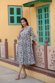 Women Off-White Ethnic Printed Flared Dress With Three quarter Sleeves