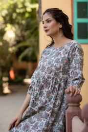 Women Off-White Ethnic Printed Flared Dress With Three quarter Sleeves